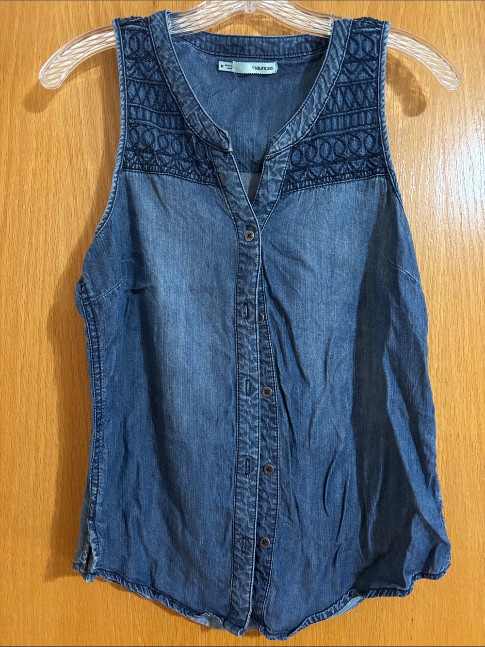 Maurices Blue Denim Sleeveless Button-Front Top with Embroidered Yoke